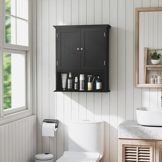 Wall Mount Bathroom Cabinet Storage Organizer with Doors and Shelves-Black