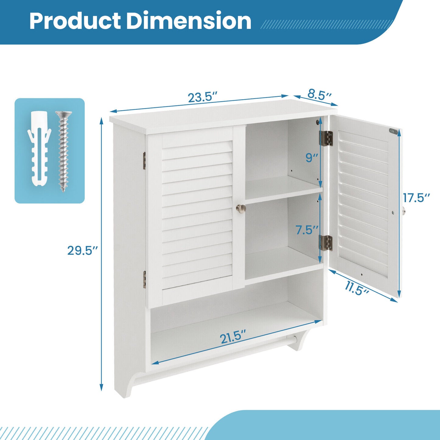 2-Doors Bathroom Wall-Mounted Medicine Cabinet with Towel Bar-White