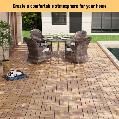 10 PCS Interlocking Deck Tiles Checker Pattern, 12" x 12" Square Yellow Acacia Hardwood Outdoor Flooring for Patio, Bancony, Pool Side