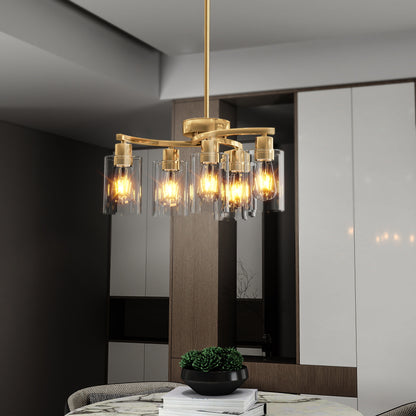 6-Light Gold Chandeliers for Dining Room, Modern Kitchen Island Light Fixtures Over Table, Metal Hanging Pendant Lighting for Living Room Stairwell Entryway Bedroom, Clear Glass Shade