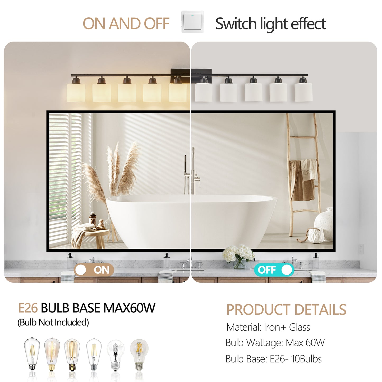 10 Light Bathroom Vanity Lights Over Mirror, 65.4 inch Black Vanity Lights Fixtures with White Glass Shades Matte Black Modern Vanity Lights Black Bathroom Wall Lighting for Mirror Bedroom
