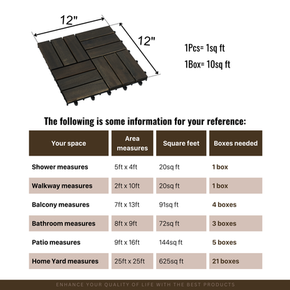 Acacia Wood Interlocking Deck Tiles Checker Pattern, 30 PCS  12" x 12" Dark Brown Square Acacia Hardwood Outdoor Flooring for Patio, Bancony, Pool Side