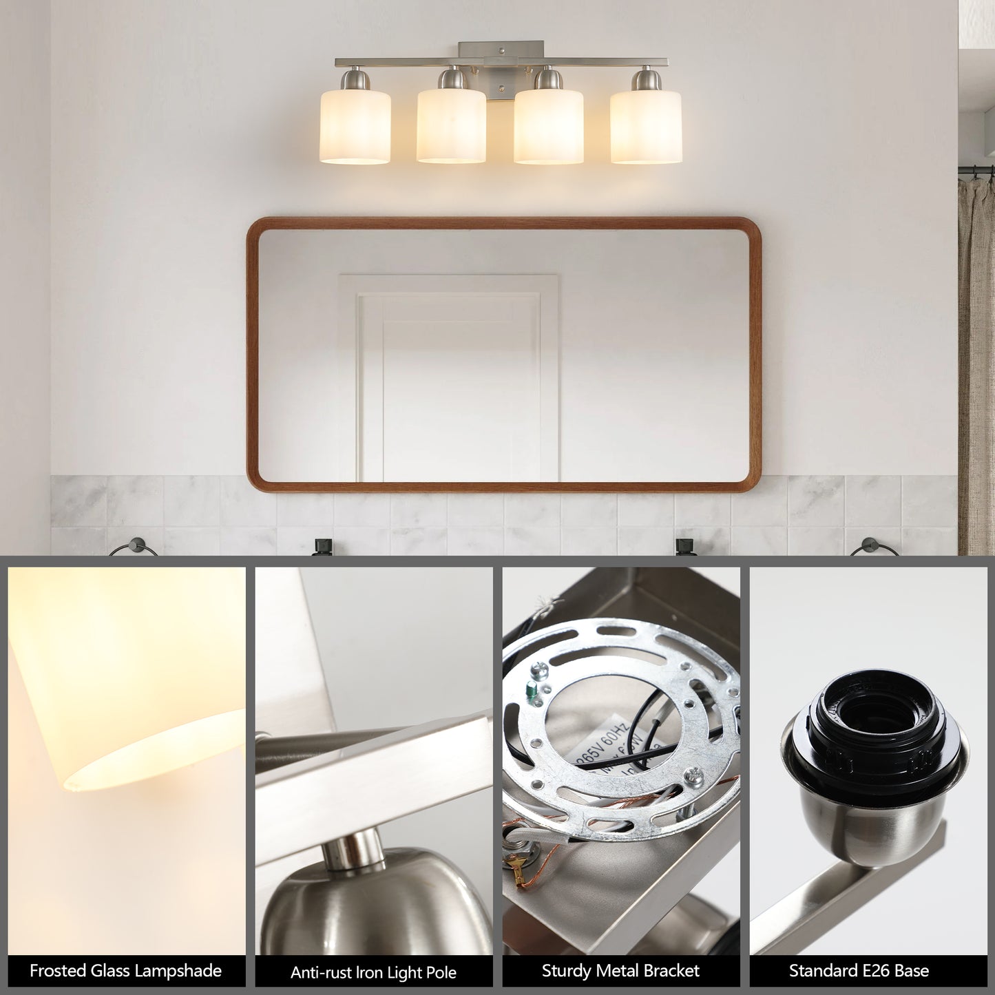 Brushed Nickel Bathroom Light Fixtures, 4-Light Modern Vanity Light Over Mirror, Wall Sconces with Milky White Frosted Glass Shades, E26 Socket (Bulbs Not Included)