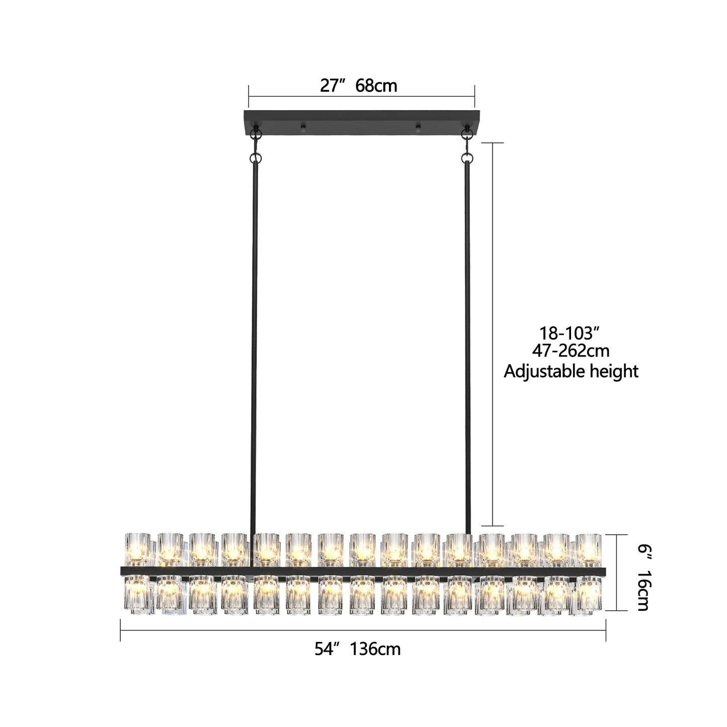 Rectangular Luxurious Crystal Chandelier for Living Room & Dining Room, Black Frame with K9 Crystals