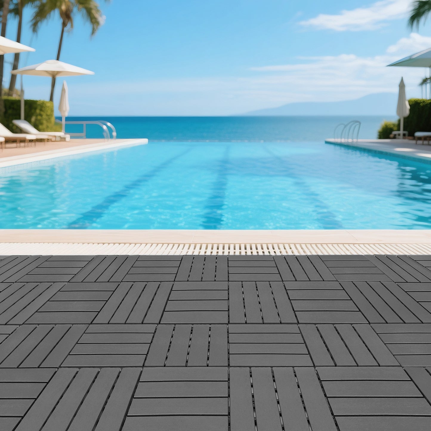 Plastic interlocking decking tiles, 44 packs of terrace decking tiles, 12 inches x 12 inches waterproof for all-weather use, backyard pool decking tiles, dark gray