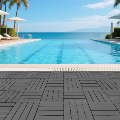 Plastic interlocking decking tiles, 44 packs of terrace decking tiles, 12 inches x 12 inches waterproof for all-weather use, backyard pool decking tiles, dark gray