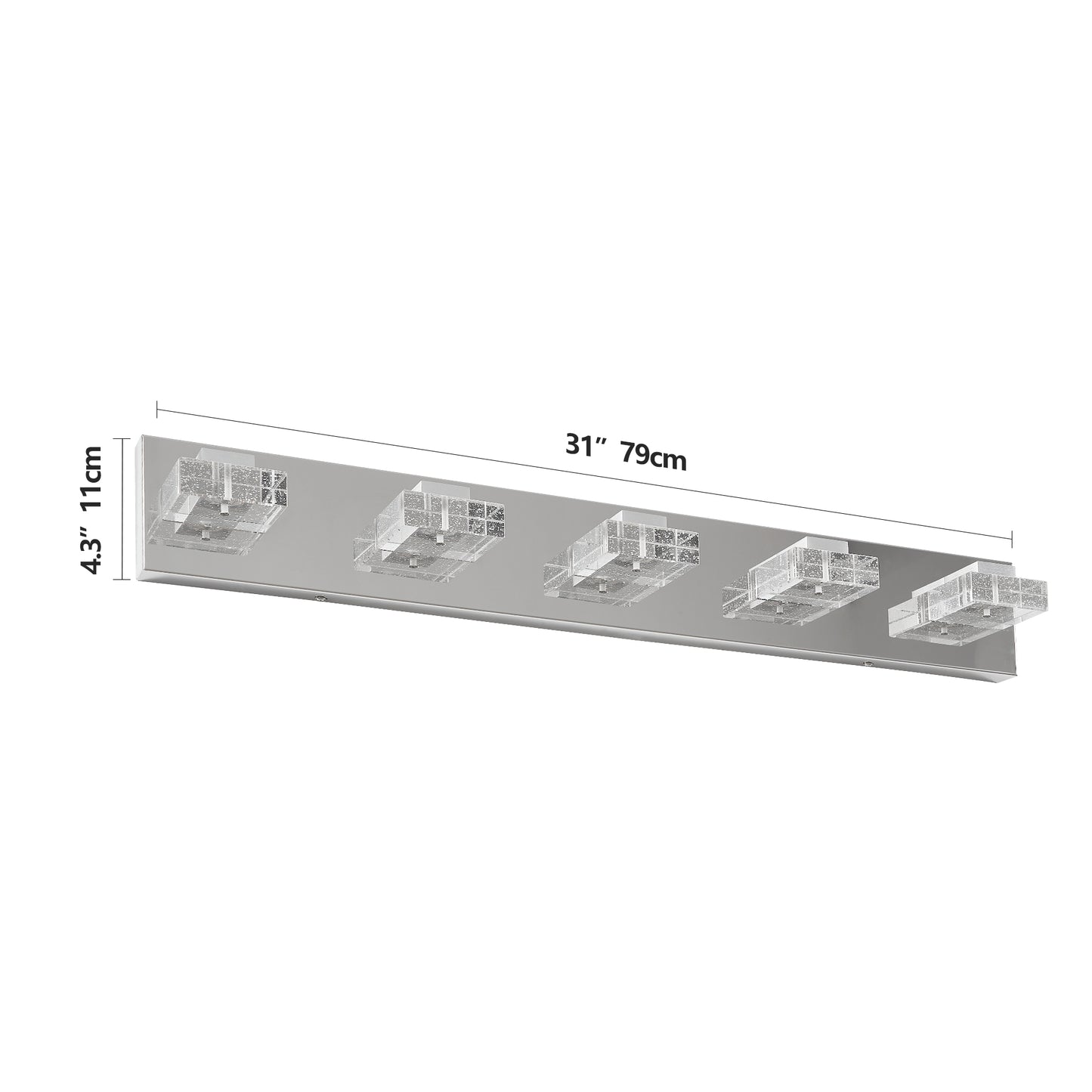 31" Modern Chrome 5-Light LED Vanity Light, Square Acrylic Lampshades Wall Mount Fixture for Bathroom, Mirror Lighting