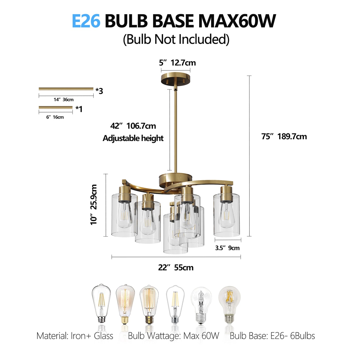 6-Light Gold Chandeliers for Dining Room, Modern Kitchen Island Light Fixtures Over Table, Metal Hanging Pendant Lighting for Living Room Stairwell Entryway Bedroom, Clear Glass Shade