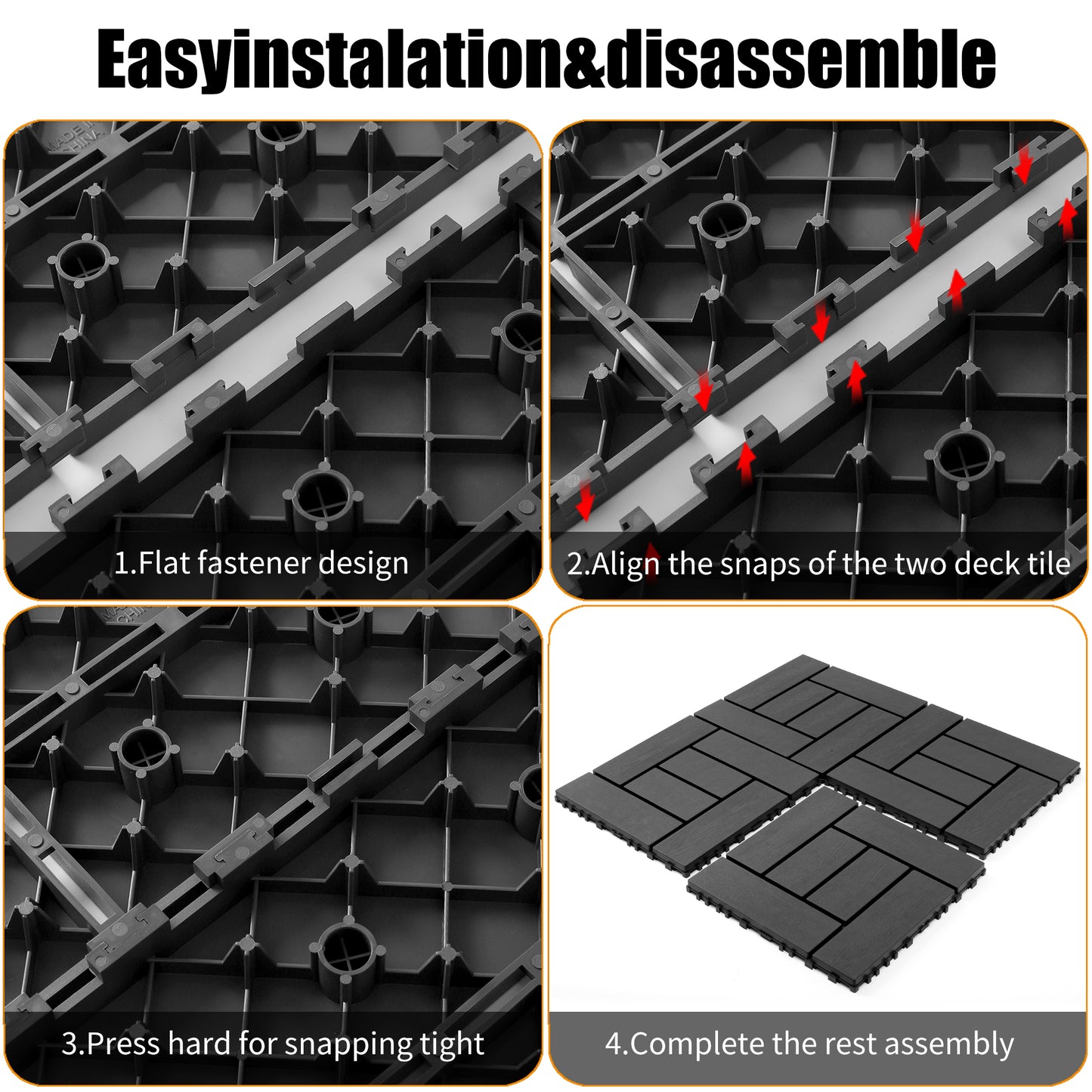12-inch interlocking deck tiles, DIY modular interlocking decking floor tiles, indoor and outdoor floor tiles, courtyard floor tiles that easy to install quickly ,44 pieces dark gray