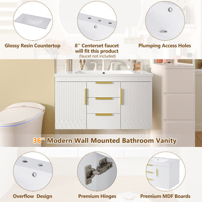 36'' Wall Mounted Bathroom Vanity, Floating Bathroom Storage Cabinet with 2 Drawers, Solid Wood Bathroom Cabinet
