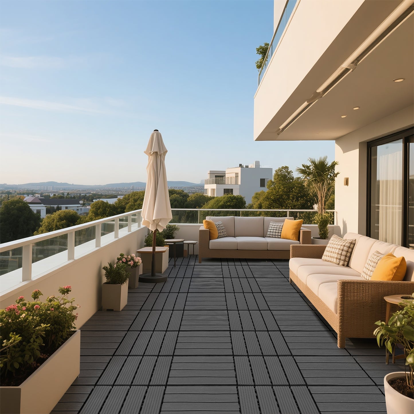 Plastic interlocking decking tiles, 44 packs of terrace decking tiles, 12 inches x 12 inches waterproof for all-weather use, backyard pool decking tiles, dark gray