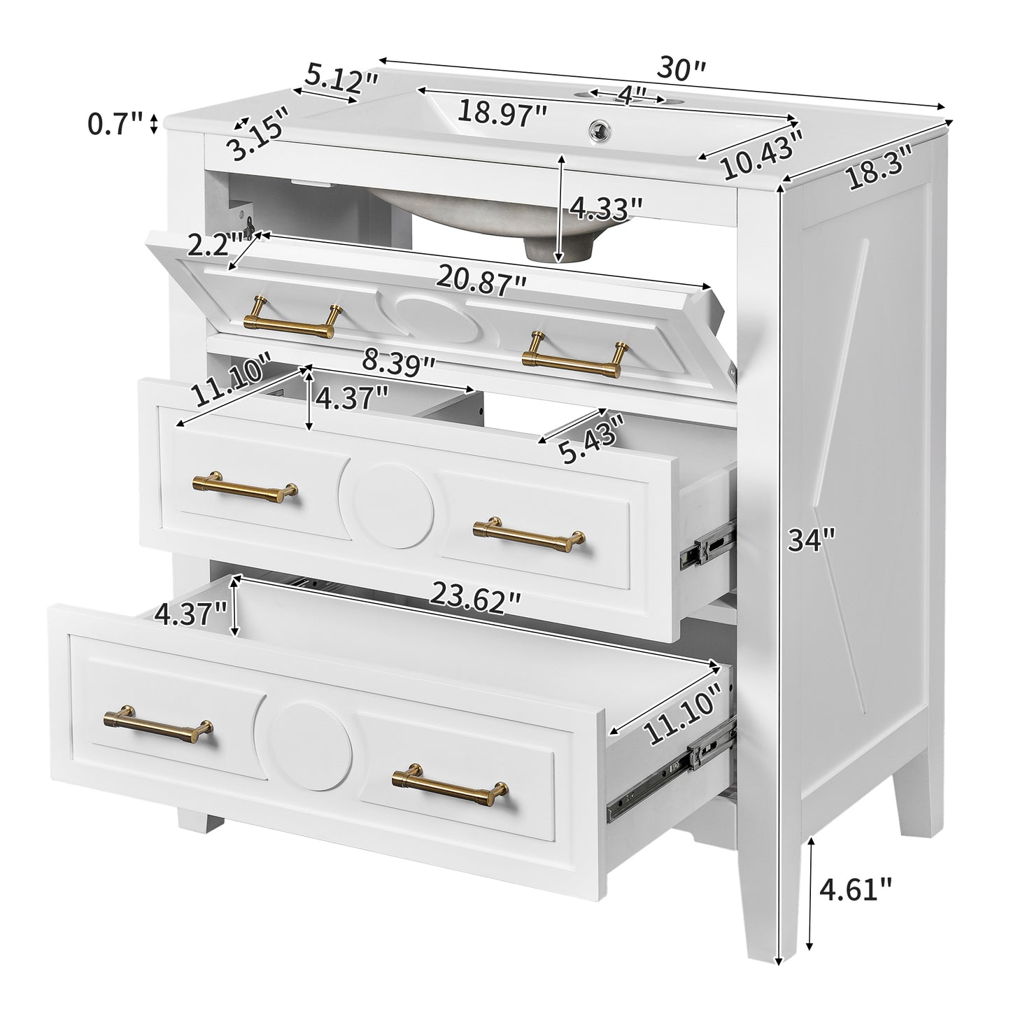 30'' Bathroom Vanity with Ceramic Sink Combo, Free Standing Single Vanity Set with 3 Drawers, Solid Wood Frame Bathroom Storage Cabinet, White