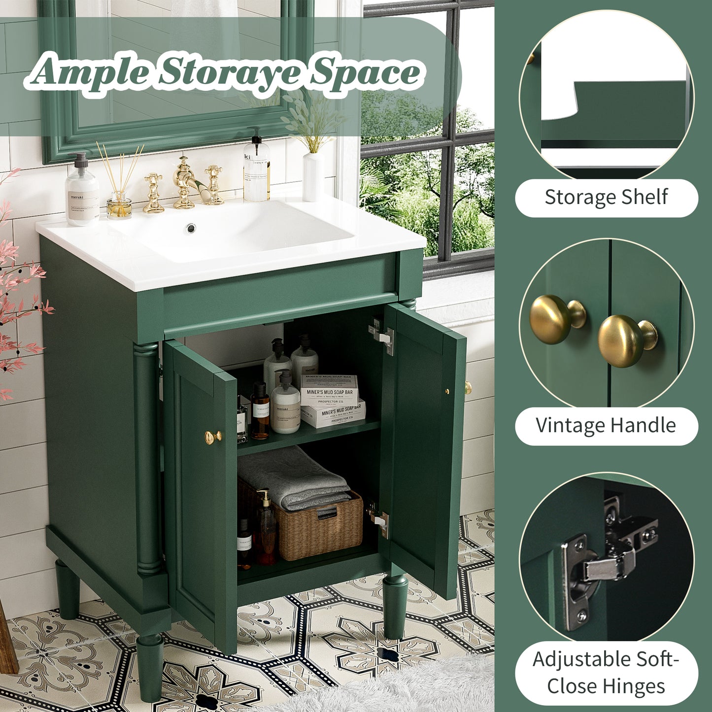 24'' Bathroom Vanity with Top Sink, 2-Tier Modern Bathroom Storage Cabinet, Single Sink Bathroom Vanity, Large Storage Shelves