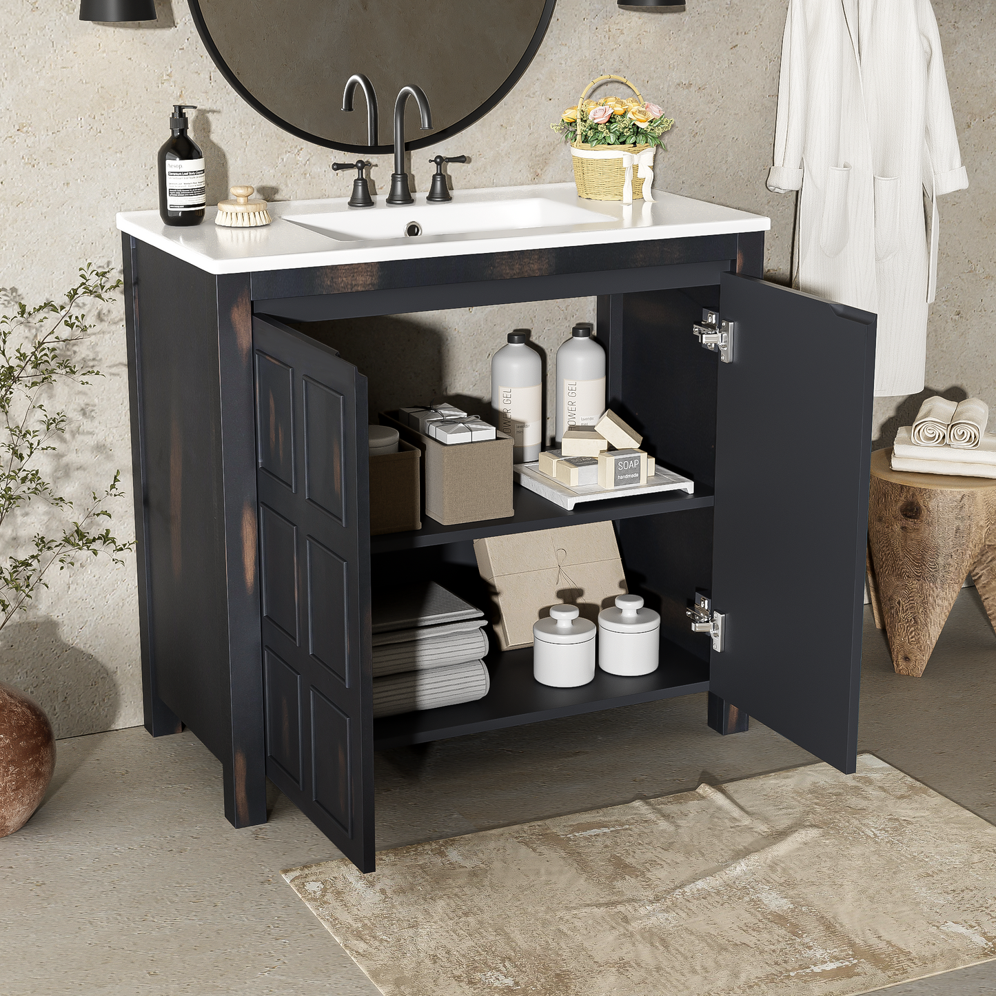 36 " Bathroom Vanity Organizer with Ceramic Sink, Set Bathroom Storage Cabinet, Vintage Espresso