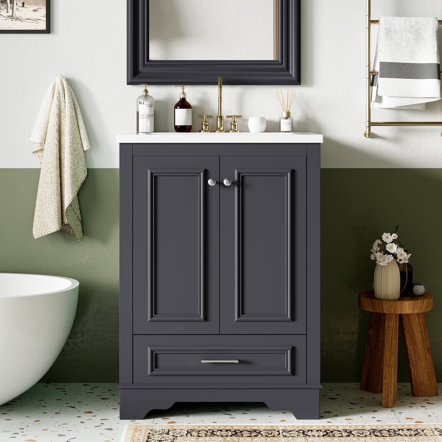 24'' Bathroom Vanity with Ceramic Sink Combo, Modern Freestanding Storage Cabinet  with Silver Handles,  Soft Closing Doors