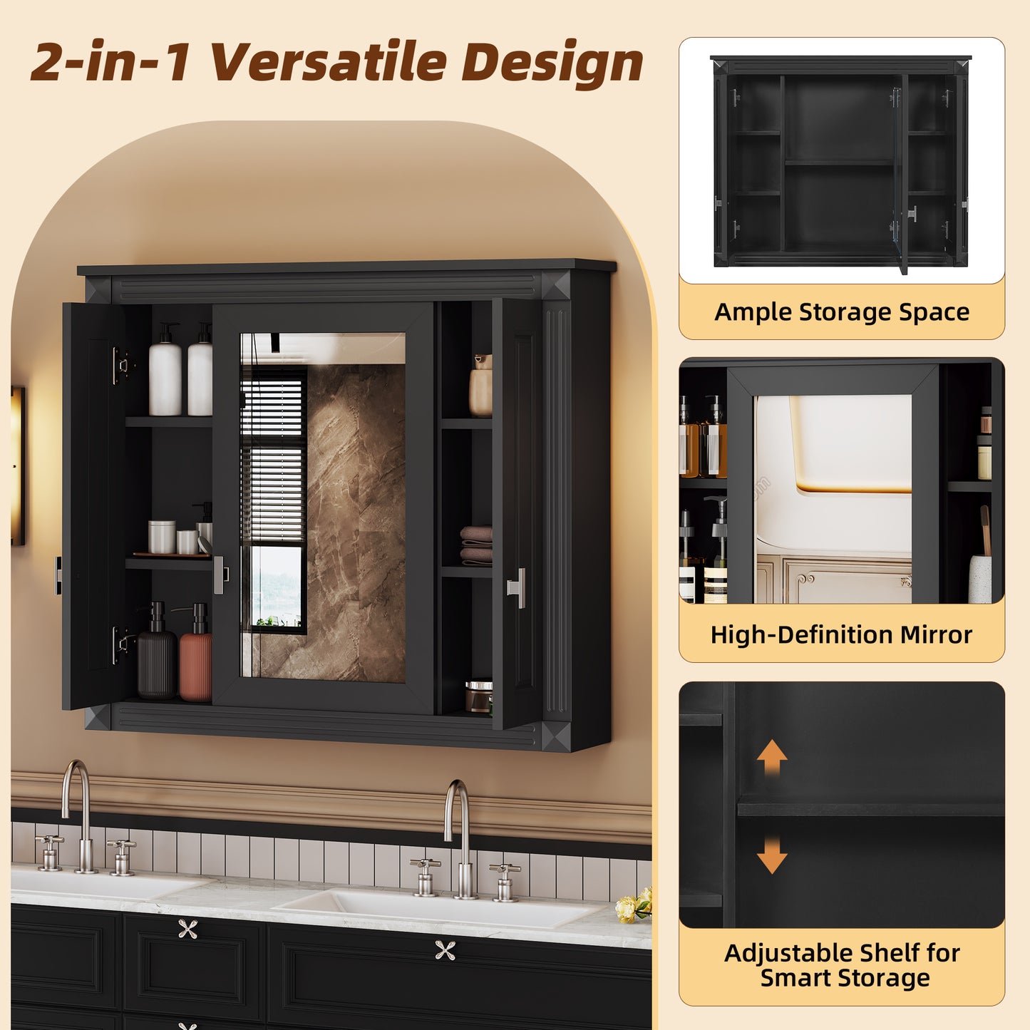 Bathroom Wall Cabinet with Mirror, Wall Mounted Medicine Cabinet with 4 Shelves, Mirrored Door Over Toilet Storage Cabinet