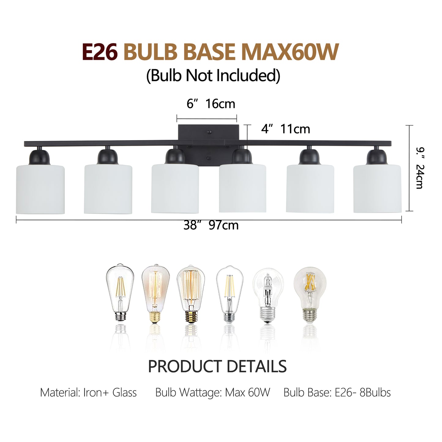 6-Light Black Vanity Lights, 38'' Modern Bathroom Vanity Lighting Fixtures for Mirror, Matte Bathroom Lighting Fixtures, Black Wall Sconces for Bedroom Living Room