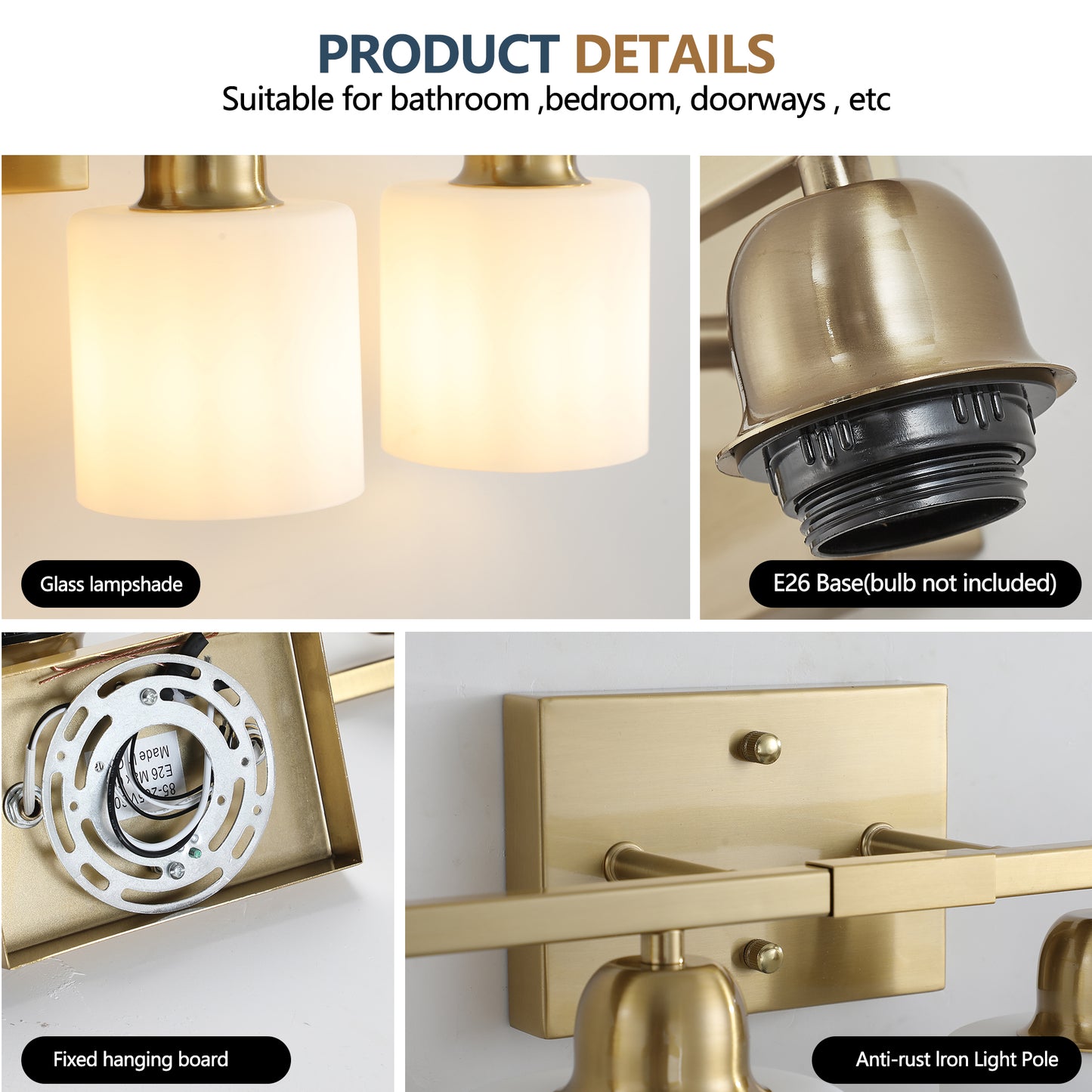 Gold Bathroom Light Fixtures, 5-Light Modern Vanity Light Over Mirror, Wall Sconces with Milky White Frosted Glass Shades, E26 Socket (Bulbs Not Included)