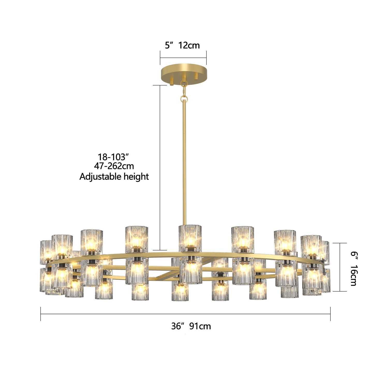 Modern 36" Gold Round Chandelier Light Fixture, K9 Crystal Chandeliers for Dining Room, Living Room, Dining Room Chandeliers Over Table, Chandelier for Bedroom, Foyer, Includes 36XG4 Bulbs