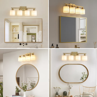 Gold Bathroom Light Fixtures, 4-Light Modern Vanity Light Over Mirror, Wall Sconces with Milky White Frosted Glass Shades, E26 Socket (Bulbs Not Included)