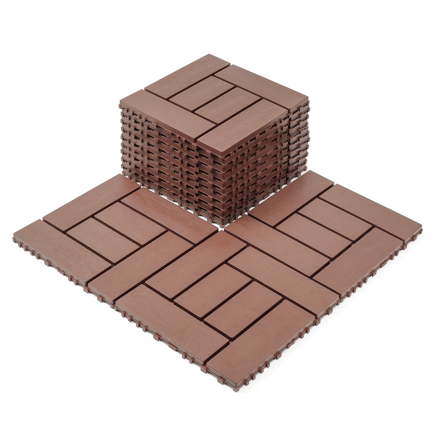 12-inch interlocking deck tiles, DIY modular interlocking decking floor tiles, indoor and outdoor floor tiles, courtyard floor tiles that easy to install quickly ,44 pieces, Brown