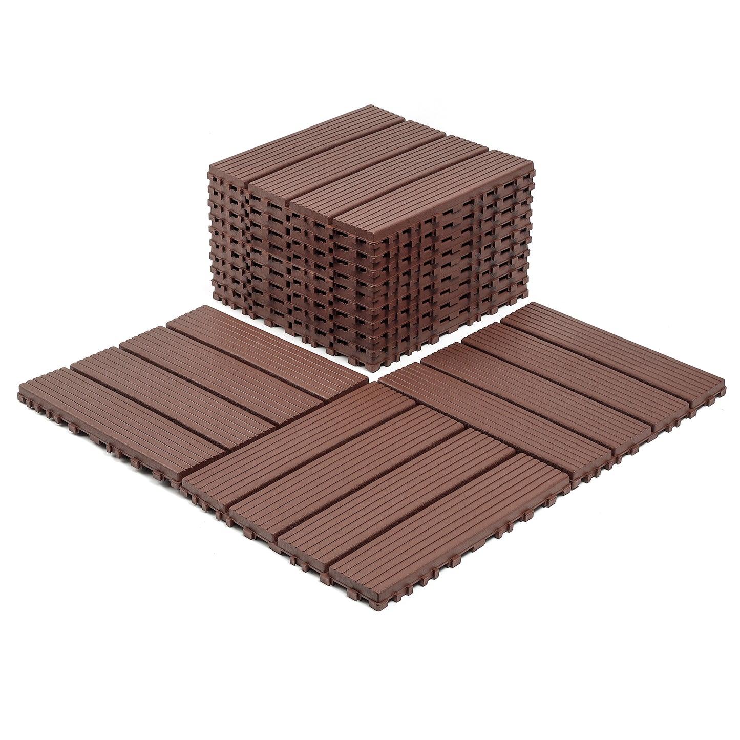Plastic interlocking decking tiles, 44 packs of terrace decking tiles, 12 inches x 12 inches waterproof for all-weather use, backyard pool decking tiles, Brown