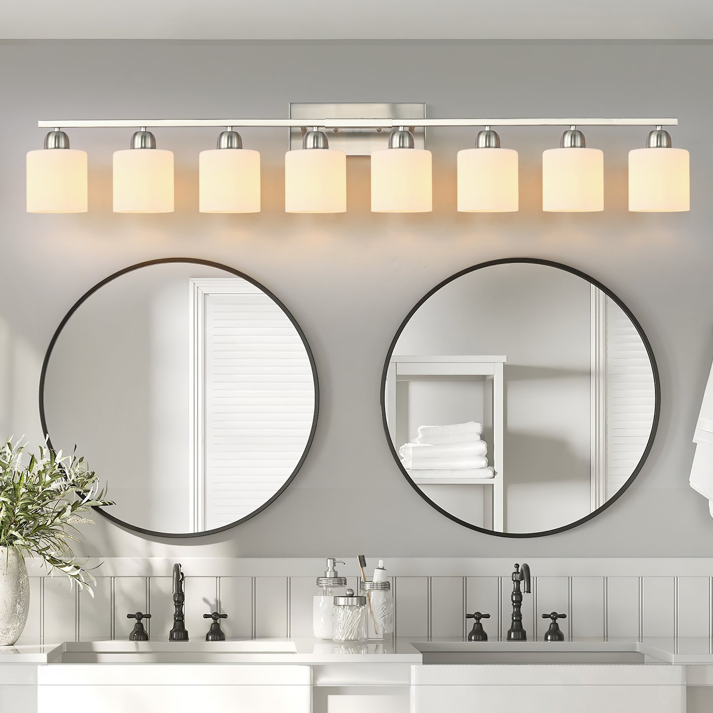 8-Light Bathroom Light Fixtures, 52inch Nickel Vanity Light with Milky White Glass Shade, Modern Bathroom Wall Lights Over Mirror, Farmhouse Wall Sconces Lighting for Bedroom Living Room
