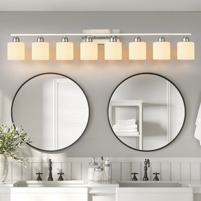 8-Light Bathroom Light Fixtures, 52inch Nickel Vanity Light with Milky White Glass Shade, Modern Bathroom Wall Lights Over Mirror, Farmhouse Wall Sconces Lighting for Bedroom Living Room
