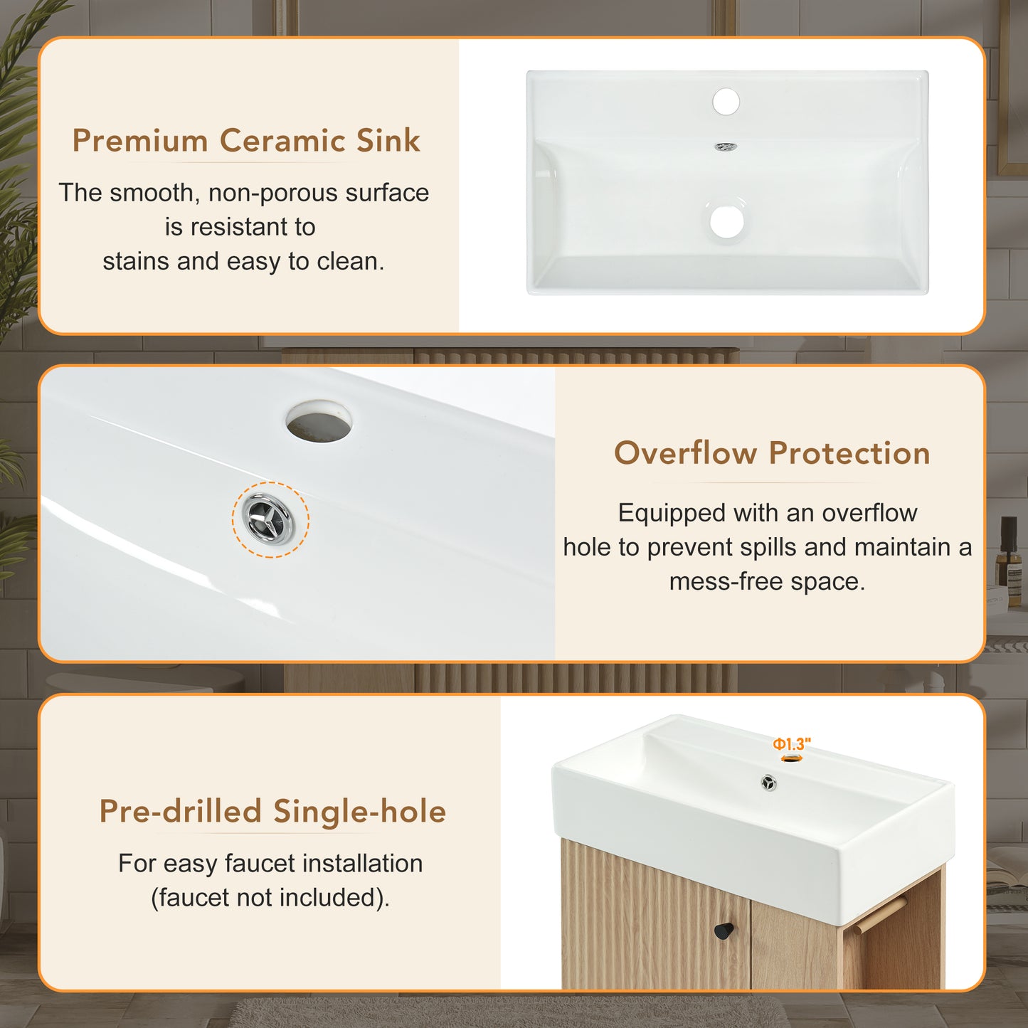 21.6" bathroom vanity with ceramic sink, freestanding modern left door wood grain cabinet with open and closed storage for small bathrooms