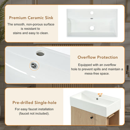 21.6" bathroom vanity with ceramic sink, freestanding modern left door wood grain cabinet with open and closed storage for small bathrooms