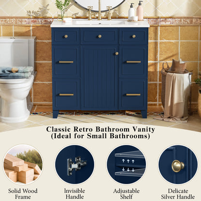 36" Bathroom Vanity with Ceramic Sink, Blue, Solid Wood Frame, Soft Close Doors, Adjustable Shelves, 3 Drawers,Including Double-Depth Drawer for Hairdryer Storage