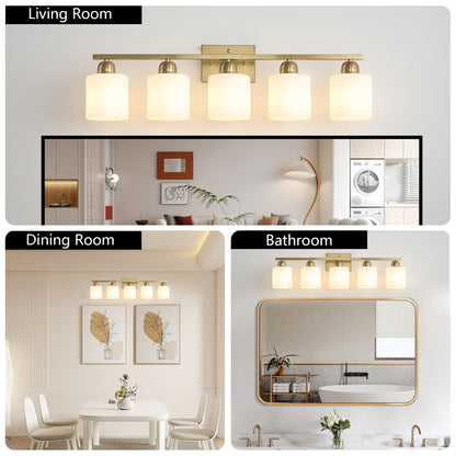 Gold Bathroom Light Fixtures, 5-Light Modern Vanity Light Over Mirror, Wall Sconces with Milky White Frosted Glass Shades, E26 Socket (Bulbs Not Included)