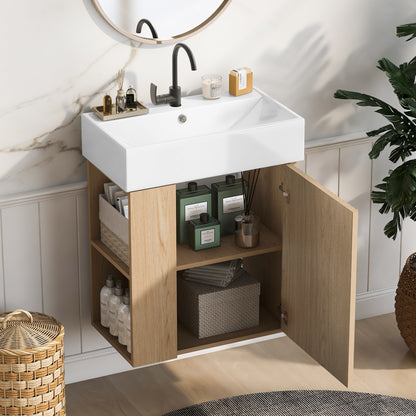 21.6 inch Modern Floating Bathroom Vanity with Ceramic Basin - Perfect for Small Bathrooms, Left side storage