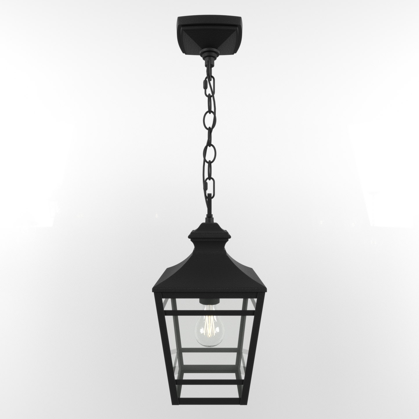 Outdoor Pendant Light E26 Socket, 14.5'' Modern Exterior Hanging Light Fixture with Clear Glass, Farmhouse Black Metal Outside Chandelier for Patio Front Porch Foyer Entryway (1 pack)