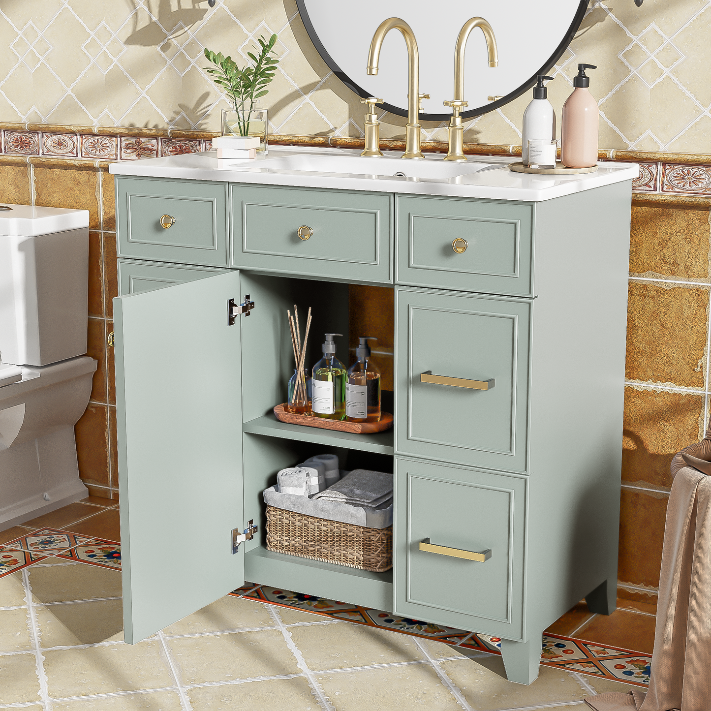 36" Bathroom Vanity with Ceramic Sink, Green, Solid Wood Frame, Soft Close Doors, Adjustable Shelves, 3 Drawers ,Including Double-Depth Drawer for Hairdryer Storage