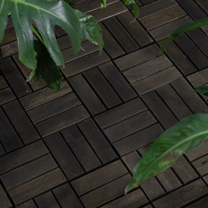 Acacia Wood Interlocking Deck Tiles Checker Pattern, 30 PCS  12" x 12" Dark Brown Square Acacia Hardwood Outdoor Flooring for Patio, Bancony, Pool Side