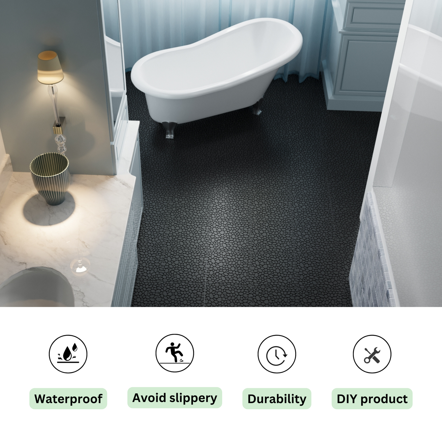 12 x 12 Inch Black Interlocking Deck Tiles Plastic Waterproof Outdoor All Weather Anti-slip Bathroom Shower Balcony Porch Strong Weight Capacity Upto 440 LBS, Pebble Stone Pattern Pack of 12