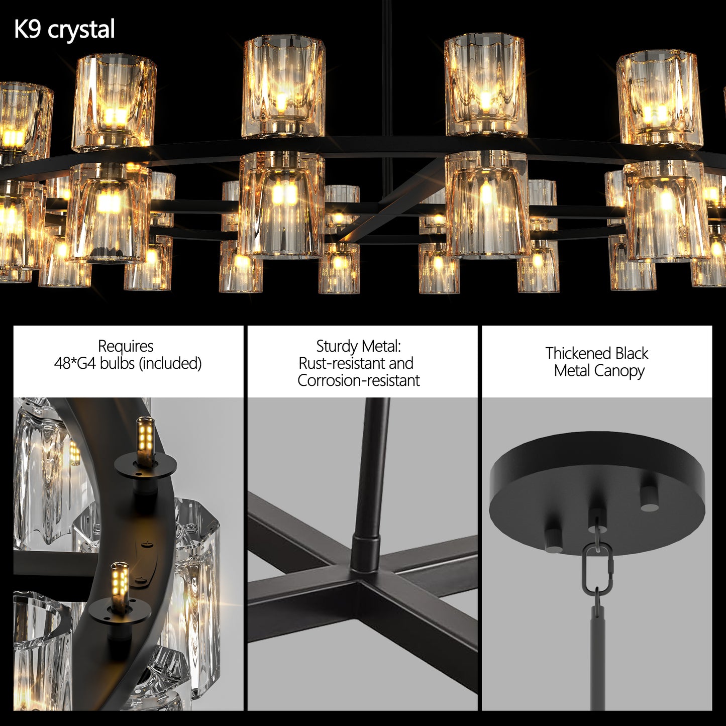 48 Inches Luxury Chandeliers Crystal Living Room Decorative Lights Simple Modern Dining Room LED Lighting,for Home Decor (Bulbs Included) Black