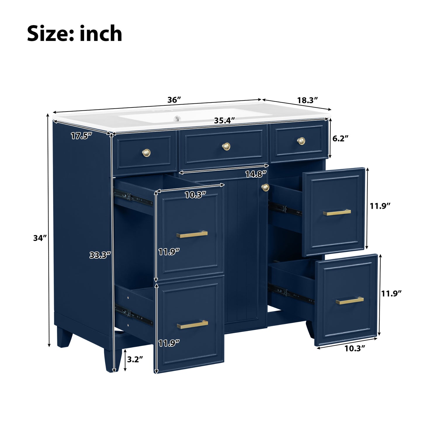 36" Bathroom Vanity with Ceramic Sink, Blue, Solid Wood Frame, Soft Close Doors, Adjustable Shelves, 3 Drawers,Including Double-Depth Drawer for Hairdryer Storage
