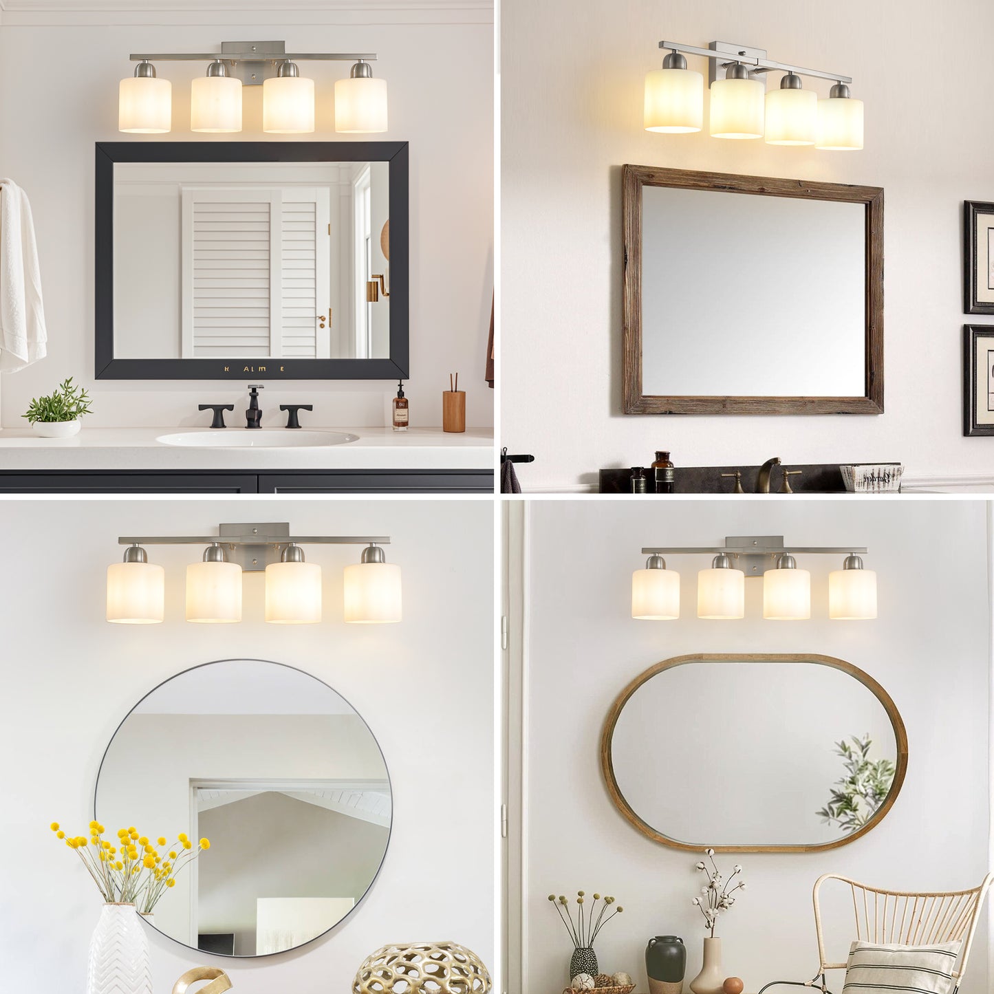 Brushed Nickel Bathroom Light Fixtures, 4-Light Modern Vanity Light Over Mirror, Wall Sconces with Milky White Frosted Glass Shades, E26 Socket (Bulbs Not Included)