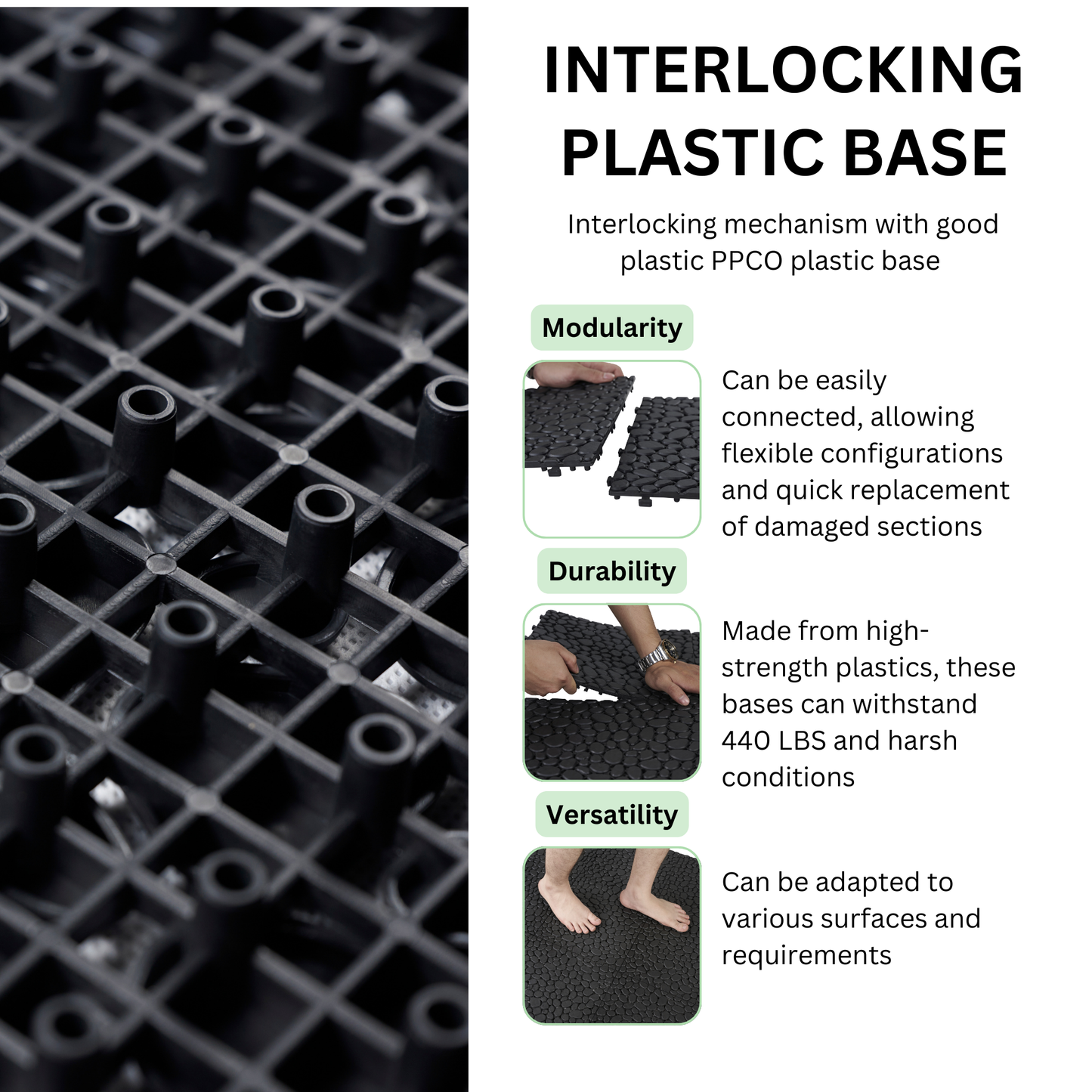 12 x 12 Inch Black Interlocking Deck Tiles Plastic Waterproof Outdoor All Weather Anti-slip Bathroom Shower Balcony Porch Strong Weight Capacity Upto 440 LBS, Pebble Stone Pattern Pack of 12