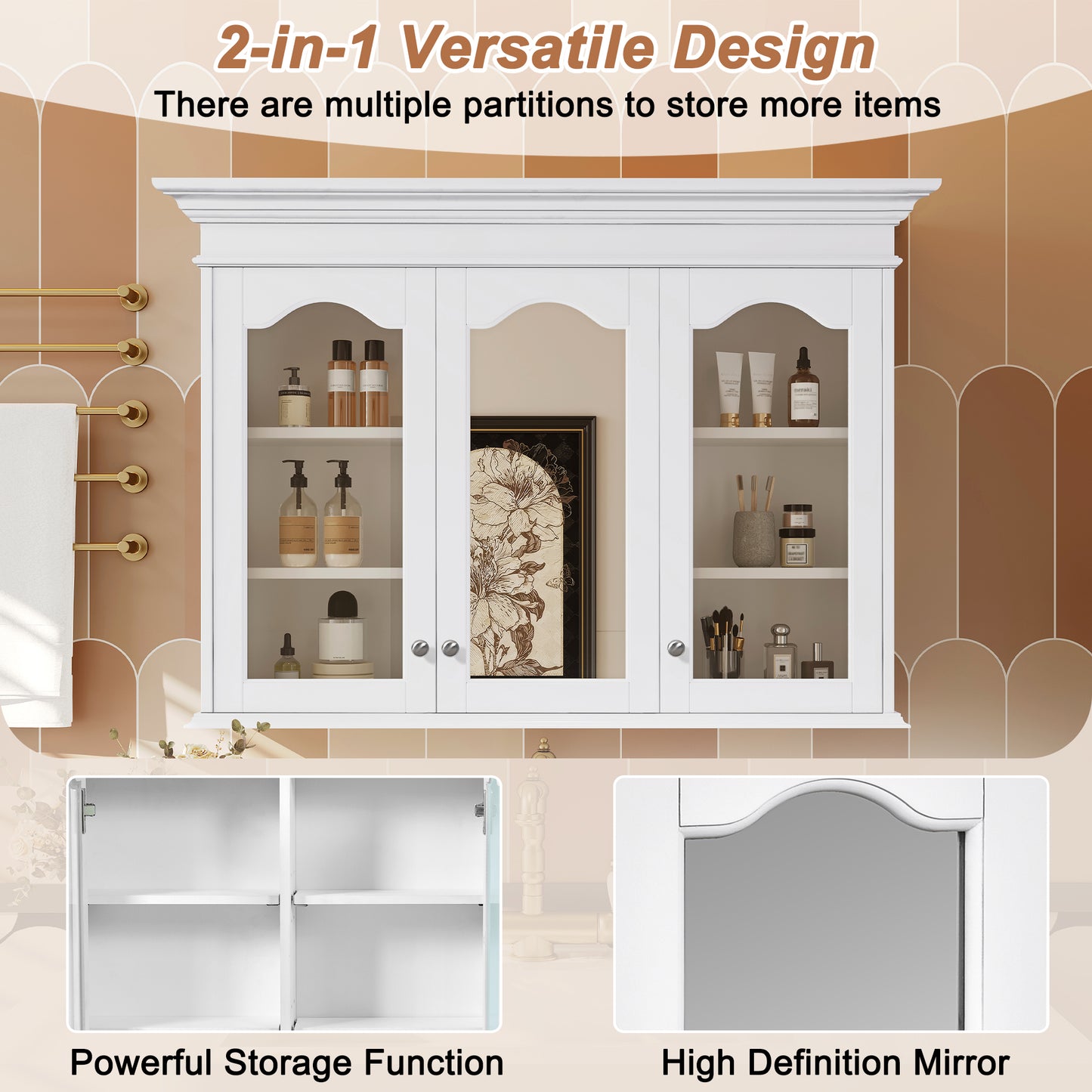 40" Medicine Cabinet with Mirror, Bathroom Storage Cabinet with Mirror Door and Shelves, Wall Mounted Bathroom Cabinet with Glass Doors