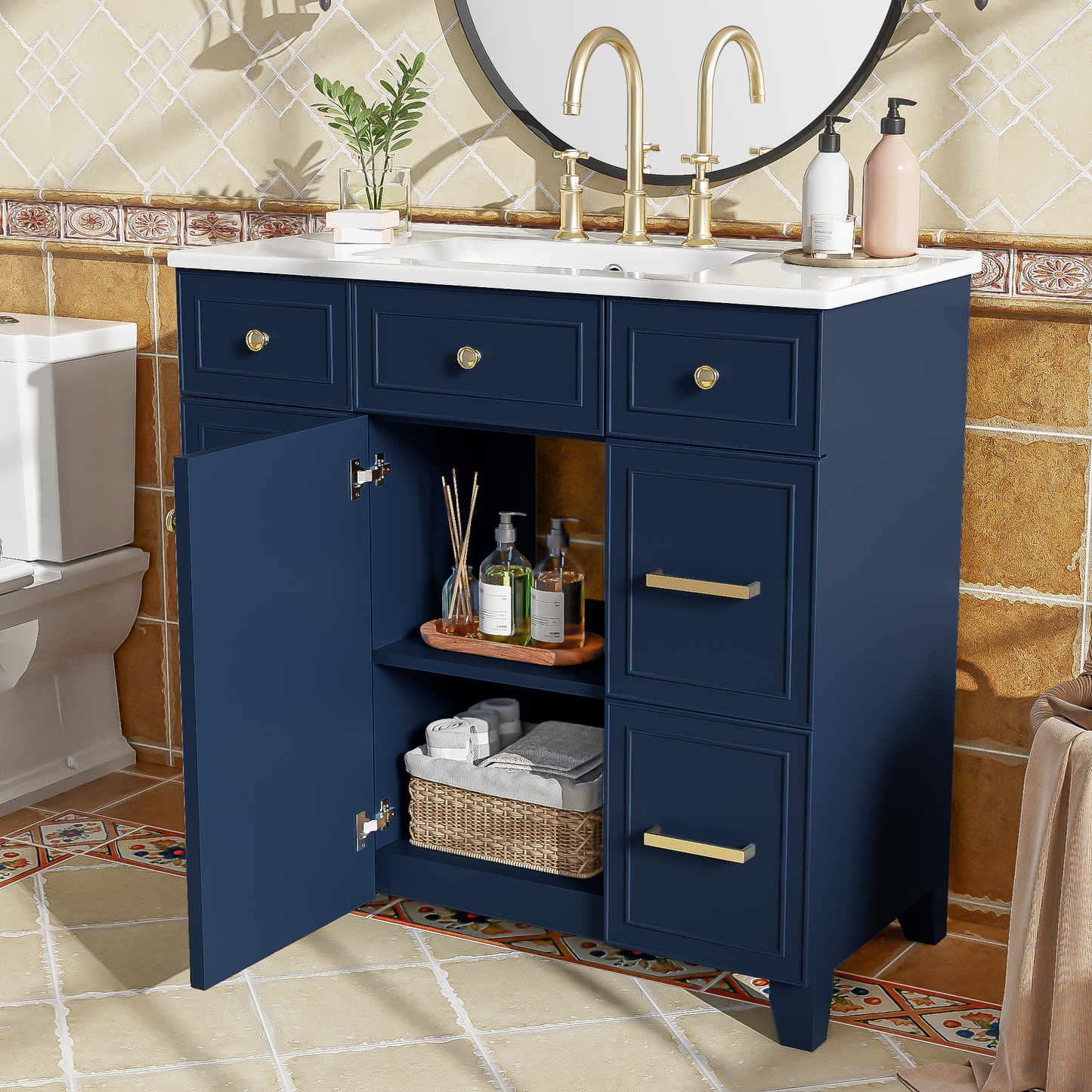 36" Bathroom Vanity with Ceramic Sink, Blue, Solid Wood Frame, Soft Close Doors, Adjustable Shelves, 3 Drawers,Including Double-Depth Drawer for Hairdryer Storage