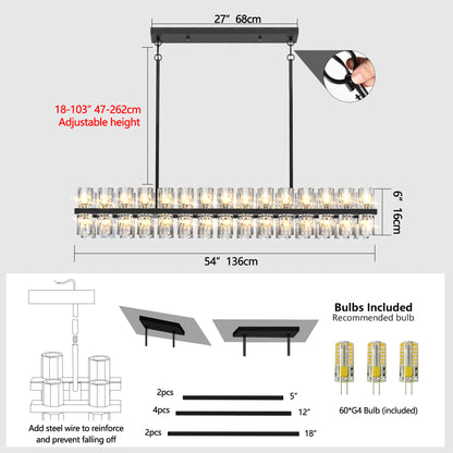 Rectangular Luxurious Crystal Chandelier for Living Room & Dining Room, Black Frame with K9 Crystals