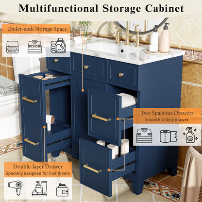 36" Bathroom Vanity with Ceramic Sink, Blue, Solid Wood Frame, Soft Close Doors, Adjustable Shelves, 3 Drawers,Including Double-Depth Drawer for Hairdryer Storage
