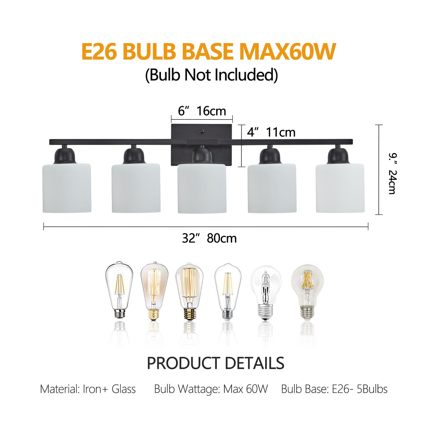 Black Bathroom Light Fixtures, 5-Light Modern Vanity Light Over Mirror, Wall Sconces with Milky White Frosted Glass Shades, E26 Socket (Bulbs Not Included)