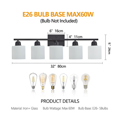 Black Bathroom Light Fixtures, 5-Light Modern Vanity Light Over Mirror, Wall Sconces with Milky White Frosted Glass Shades, E26 Socket (Bulbs Not Included)