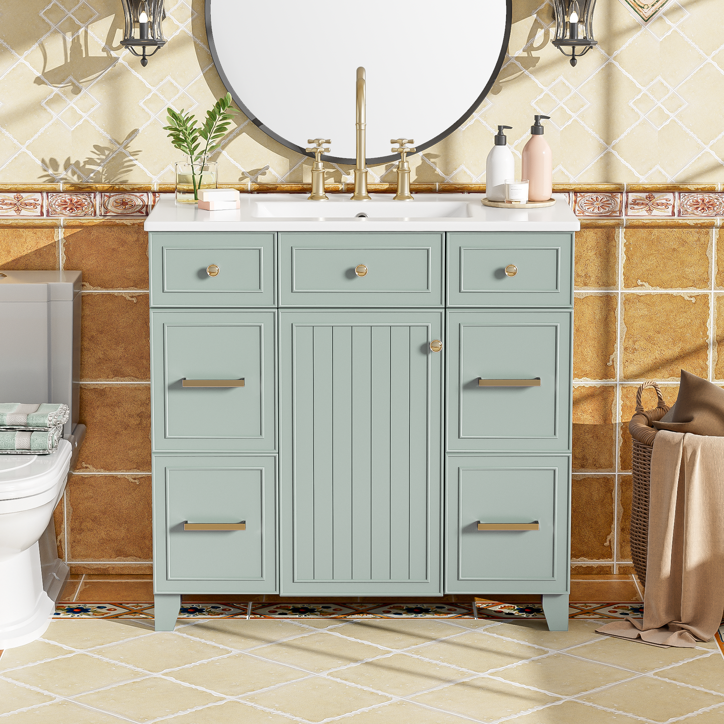 36" Bathroom Vanity with Ceramic Sink, Green, Solid Wood Frame, Soft Close Doors, Adjustable Shelves, 3 Drawers ,Including Double-Depth Drawer for Hairdryer Storage