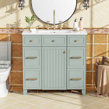 36" Bathroom Vanity with Ceramic Sink, Green, Solid Wood Frame, Soft Close Doors, Adjustable Shelves, 3 Drawers ,Including Double-Depth Drawer for Hairdryer Storage