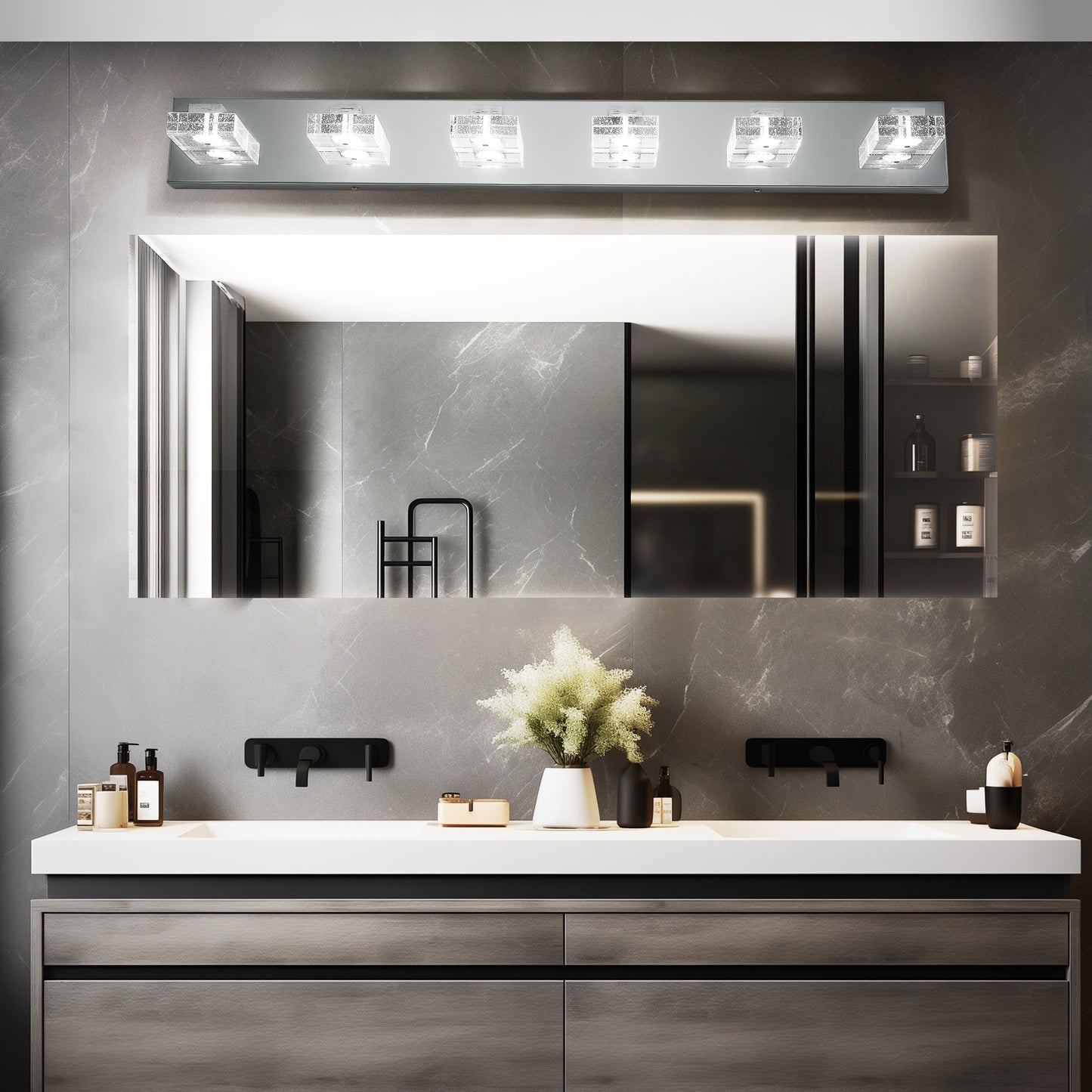 38" Modern Chrome 6-Light LED Vanity Light, Square Acrylic Lampshades Wall Mount Fixture for Bathroom, Mirror Lighting